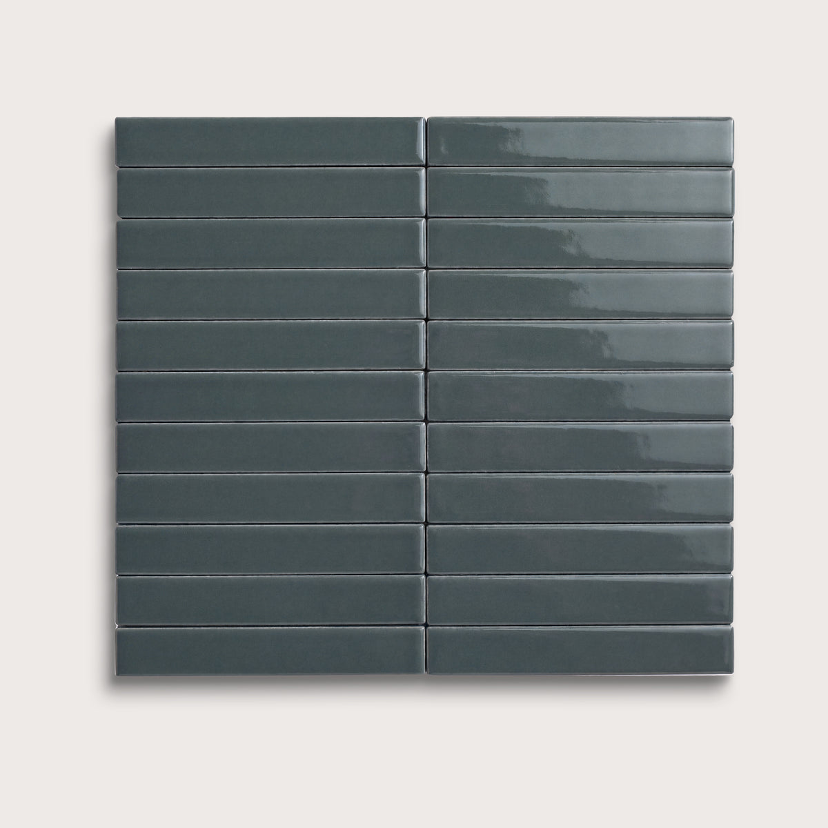 Smoke ceramic tile, 1 by 6 inch stacked mosaic, gloss finish