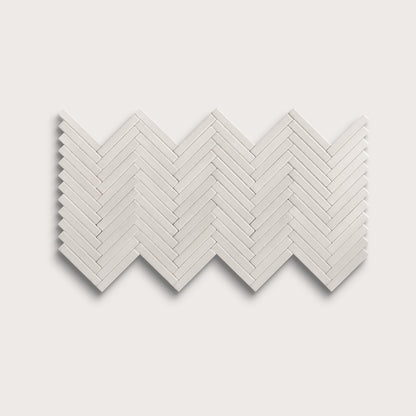 White ceramic tile, 1 by 6 inch herringbone mosaic, matte finish