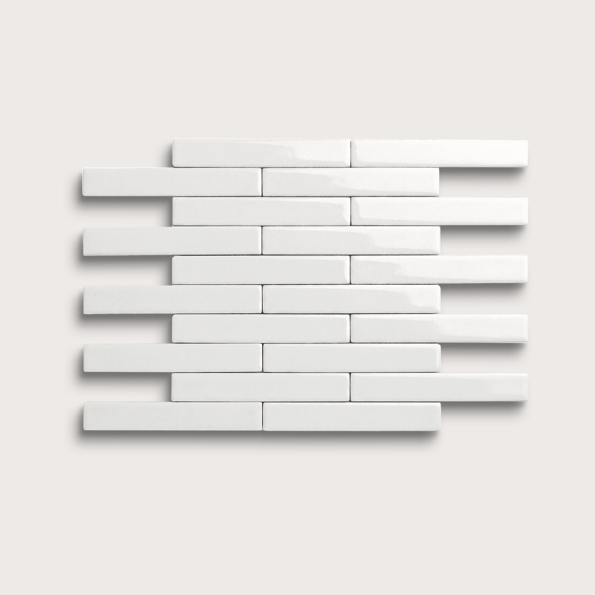 White ceramic tile, 1 by 6 inch subway mosaic, gloss finish