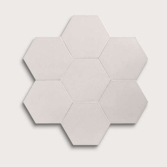 White ceramic tile, 8 inch hex, matte finish