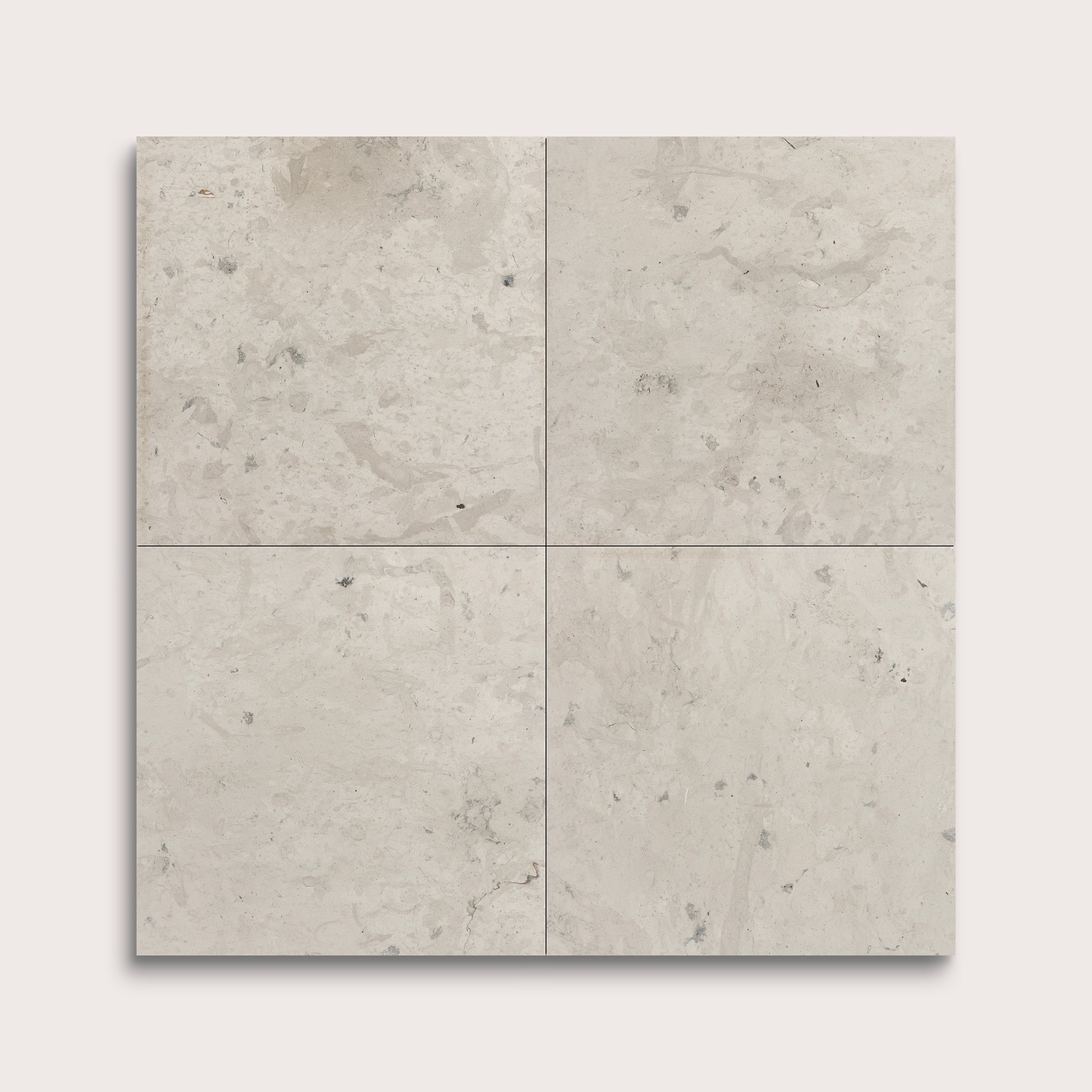Four square tiles of light gray limestone pattern on a white background