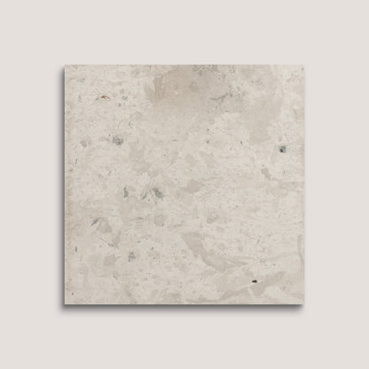 Square limestone tile with a beige and brown speckled pattern on a light gray background
