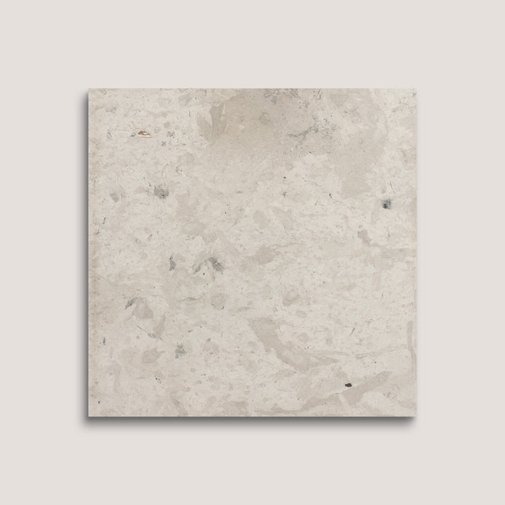 Square limestone tile with a beige and brown speckled pattern on a light gray background