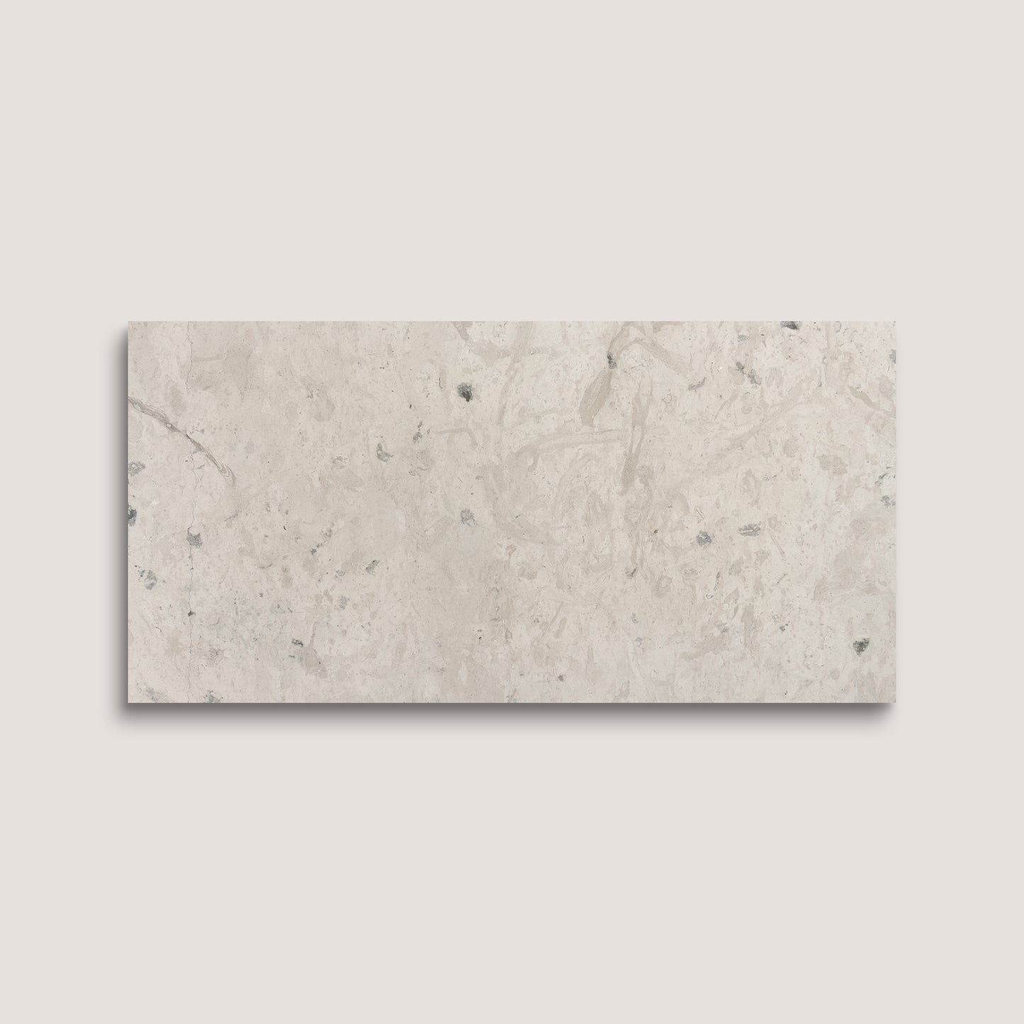 Rectangular limestone tile with a beige and gray marbled pattern on a light gray background
