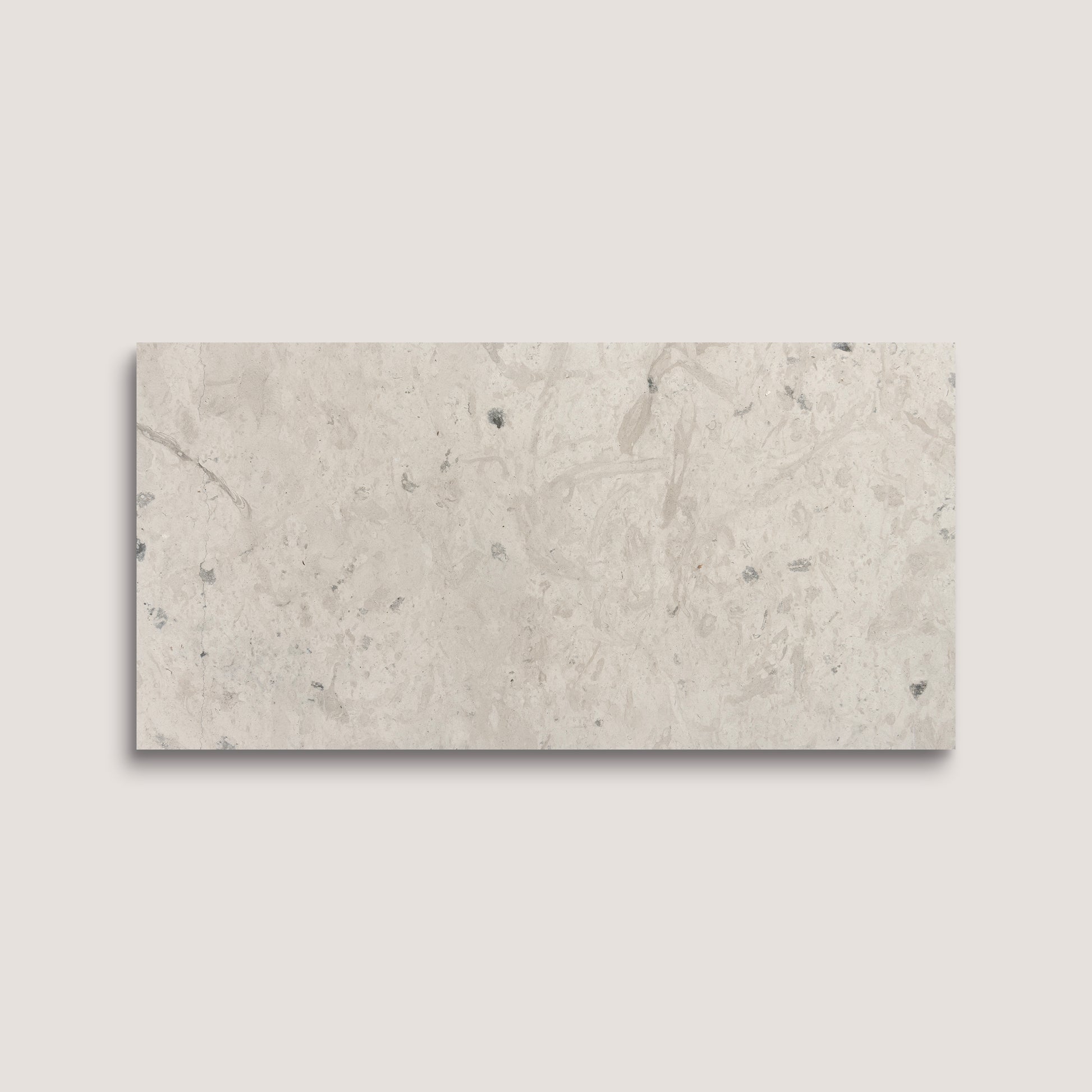 Rectangular limestone tile with a beige and gray marbled pattern on a light gray background