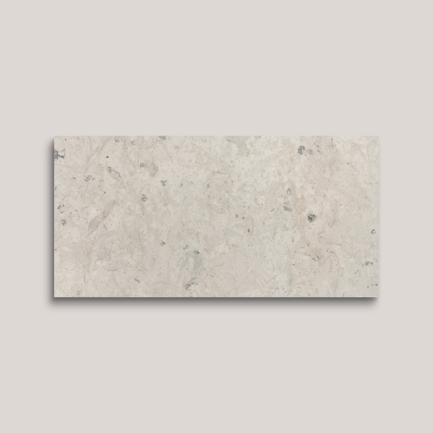 Rectangular limestone tile with a beige and gray pattern on a light gray background