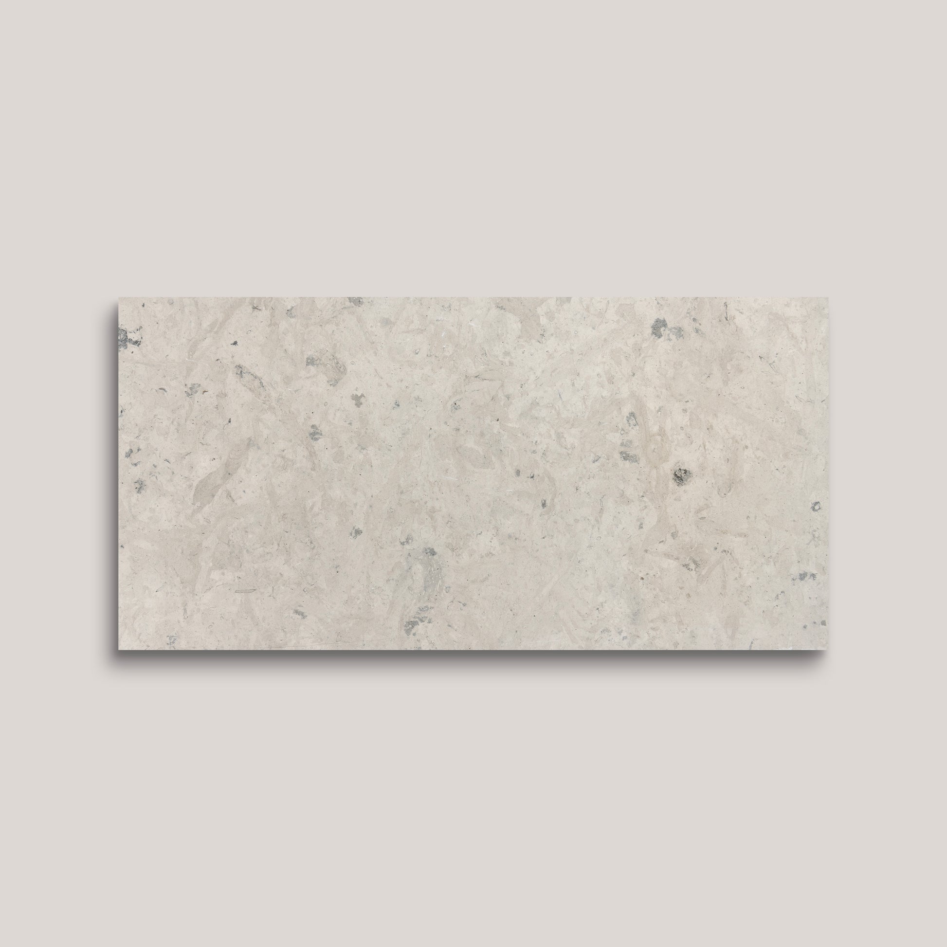 Rectangular limestone tile with a beige and gray pattern on a light gray background