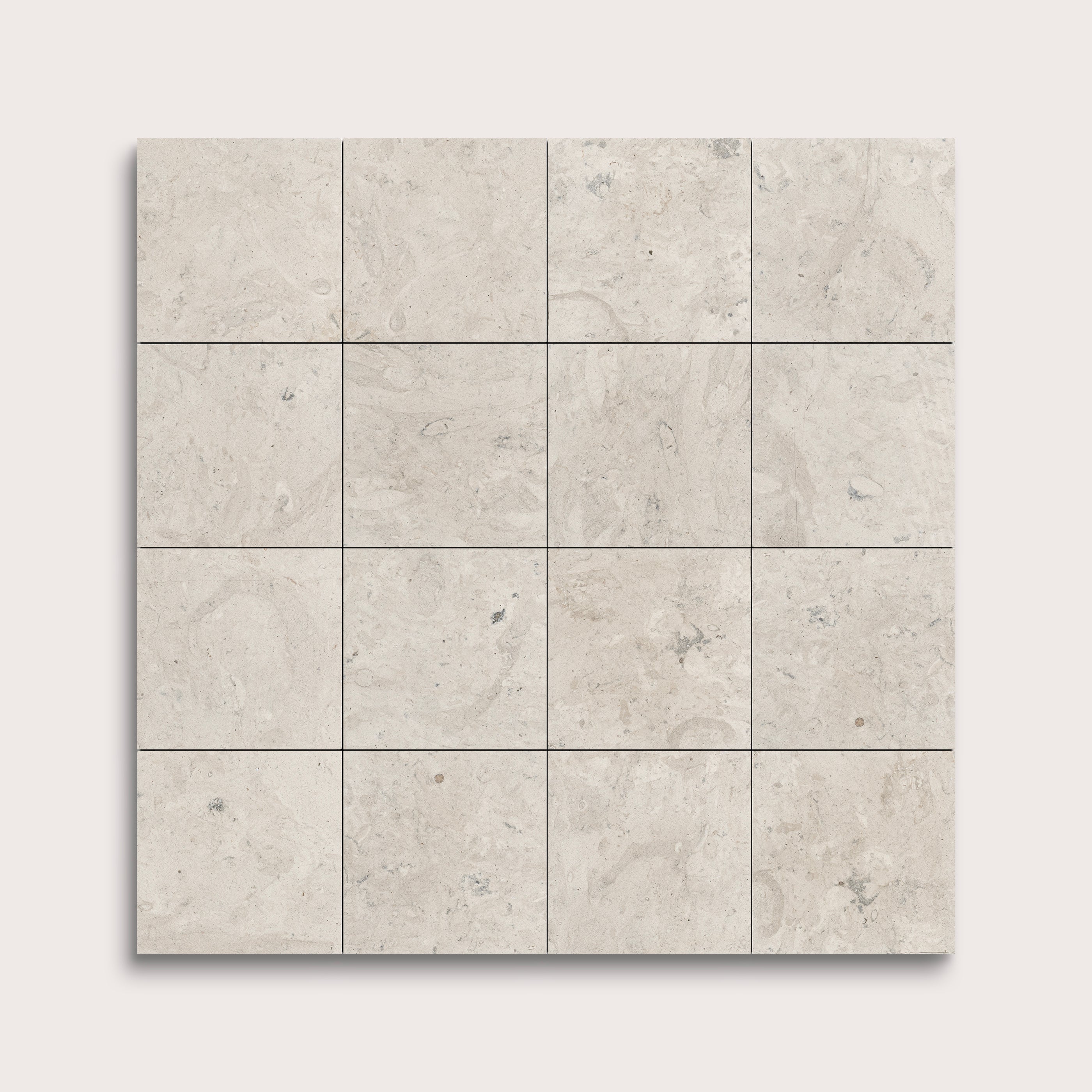 sixteen square tiles with a grey limestone pattern on a white background