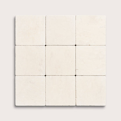 nine square tiles with a beige limestone pattern on a white background