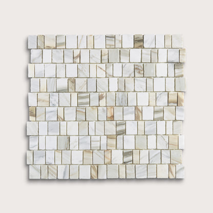A square sample of small rectangular marble mosaic tiles in off-white, beige, and light gray tones, arranged in horizontal rows on a light neutral background.