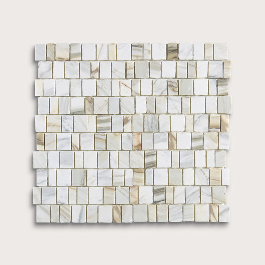 A square sample of small rectangular marble mosaic tiles in off-white, beige, and light gray tones, arranged in horizontal rows on a light neutral background.