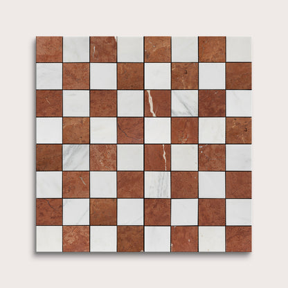 Checkered pattern of brown and white marble tiles on a white background
