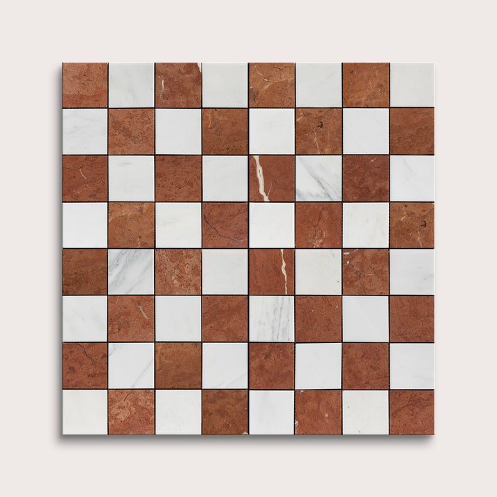Checkered pattern of brown and white marble tiles on a white background
