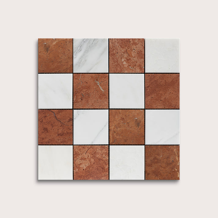 Checkered pattern of brown and white marble tiles on a white background