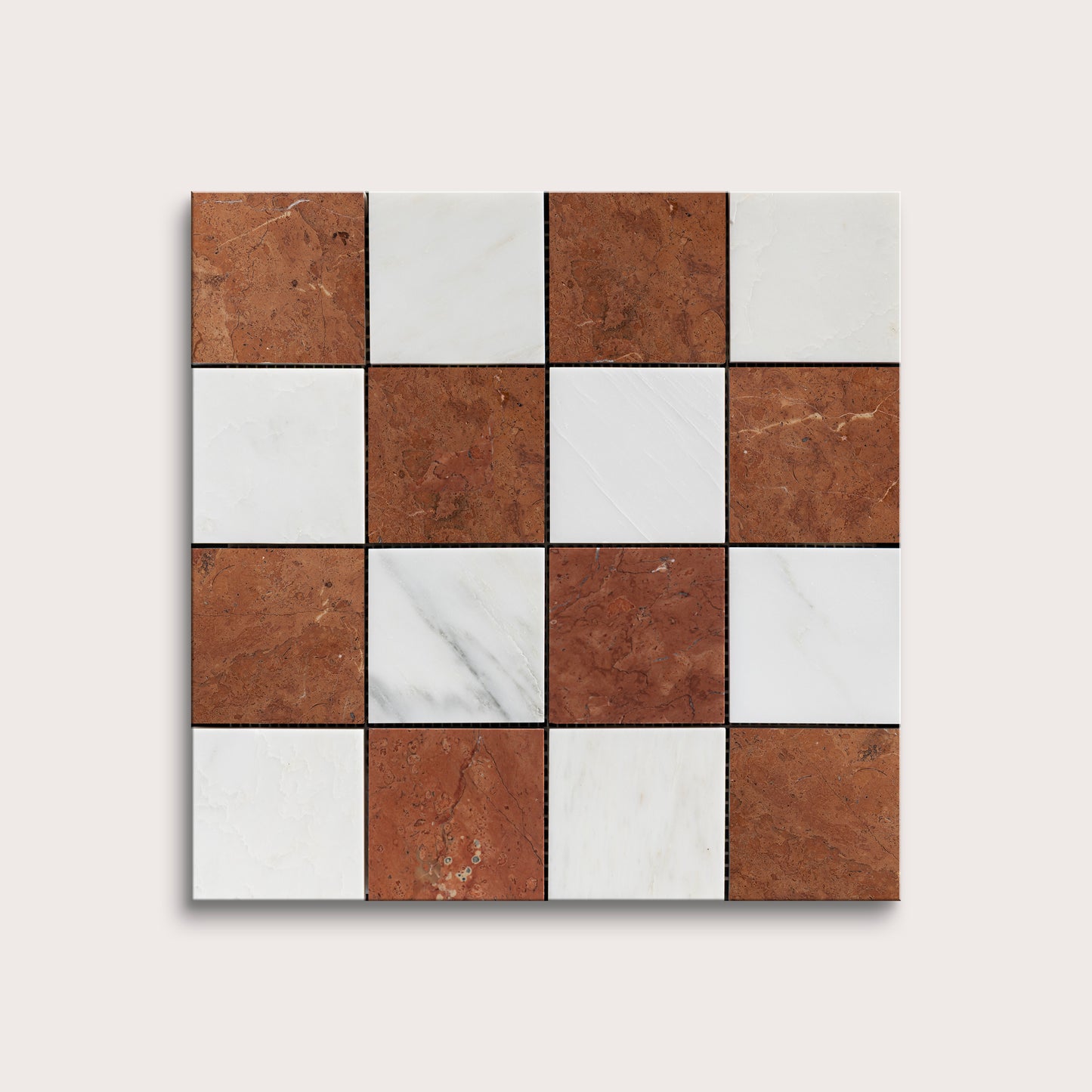 Checkered pattern of brown and white marble tiles on a white background