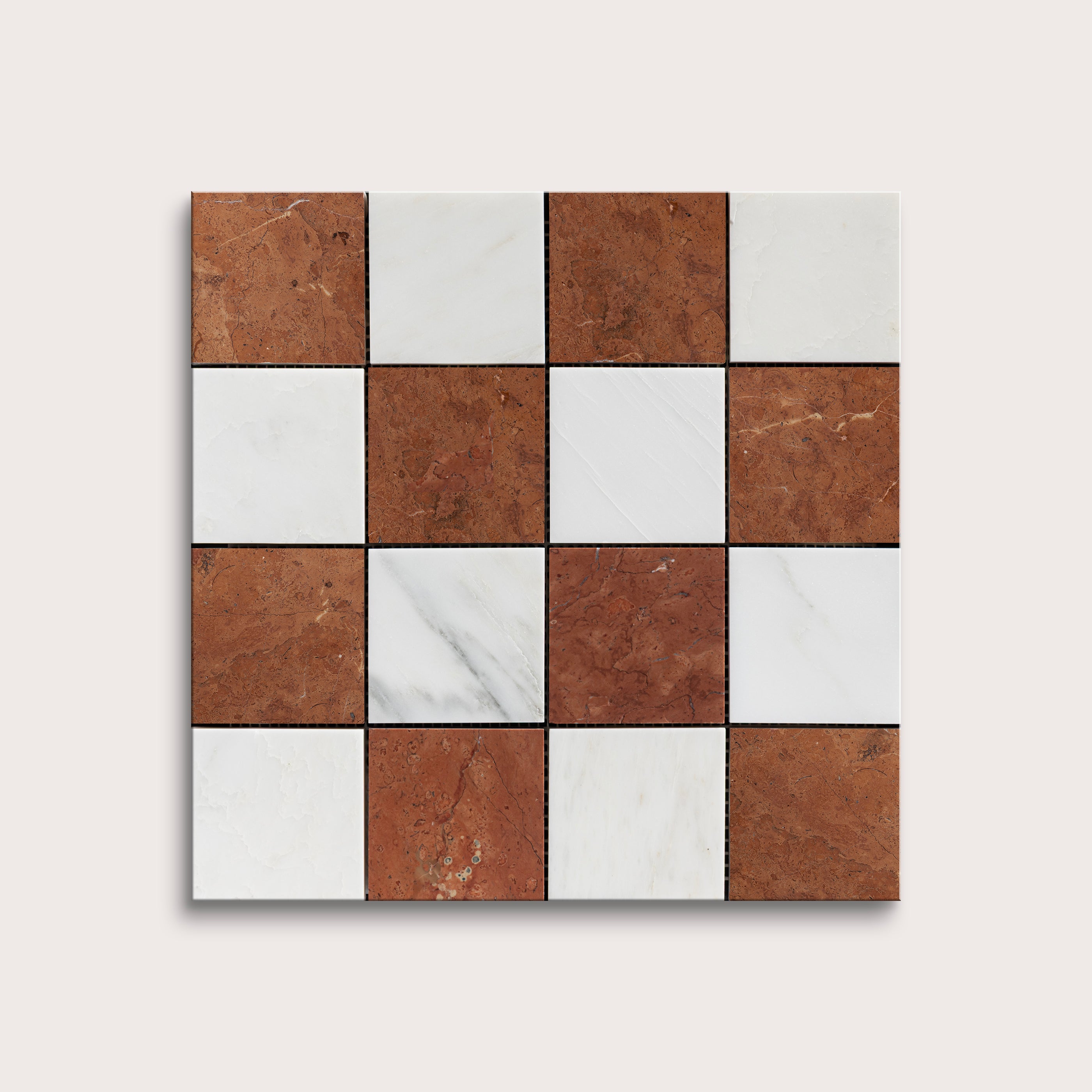 Checkered pattern of brown and white marble tiles on a white background