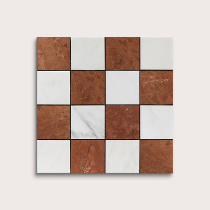 Checkered pattern of brown and white marble tiles on a white background