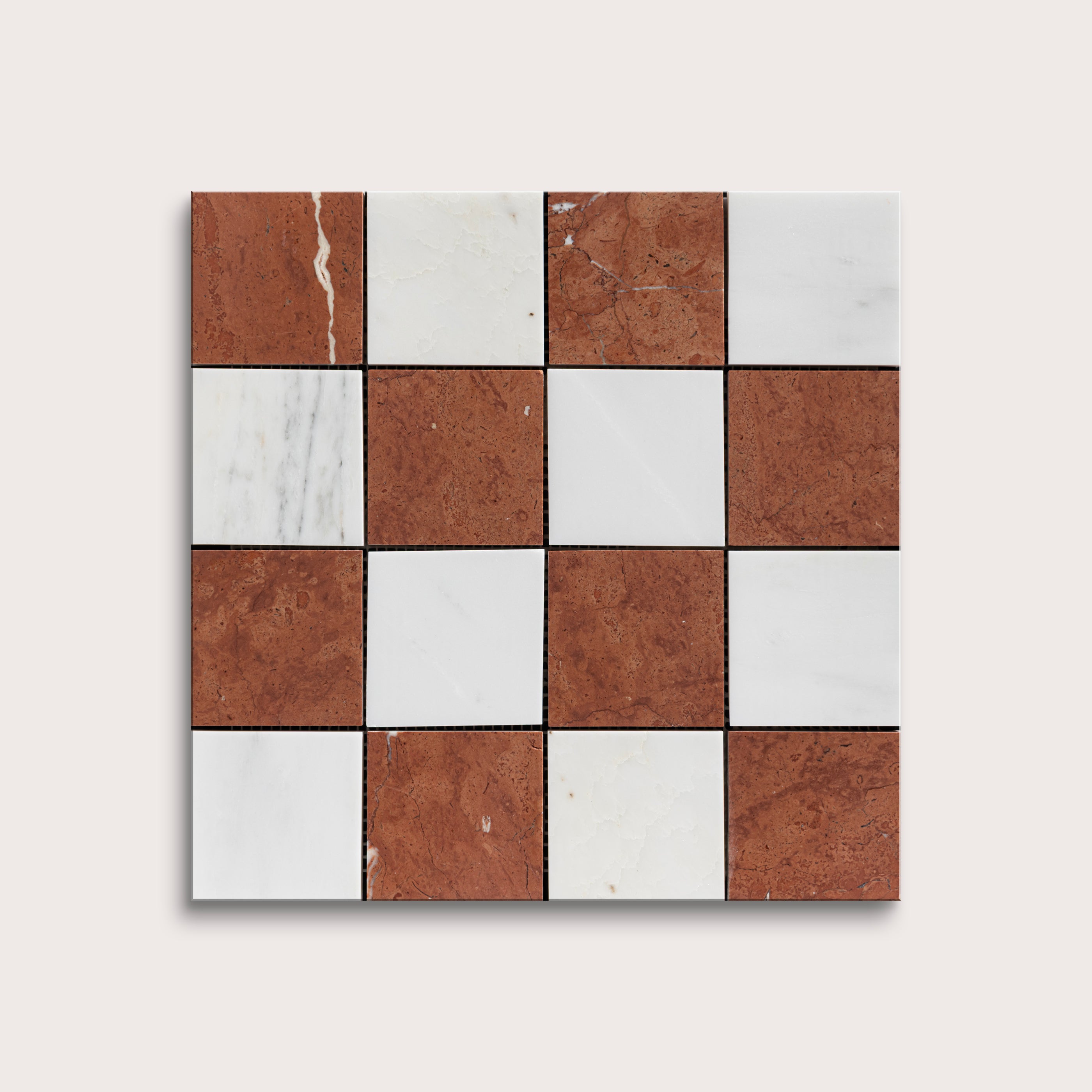 Checkered pattern of brown and white marble tiles on a white background