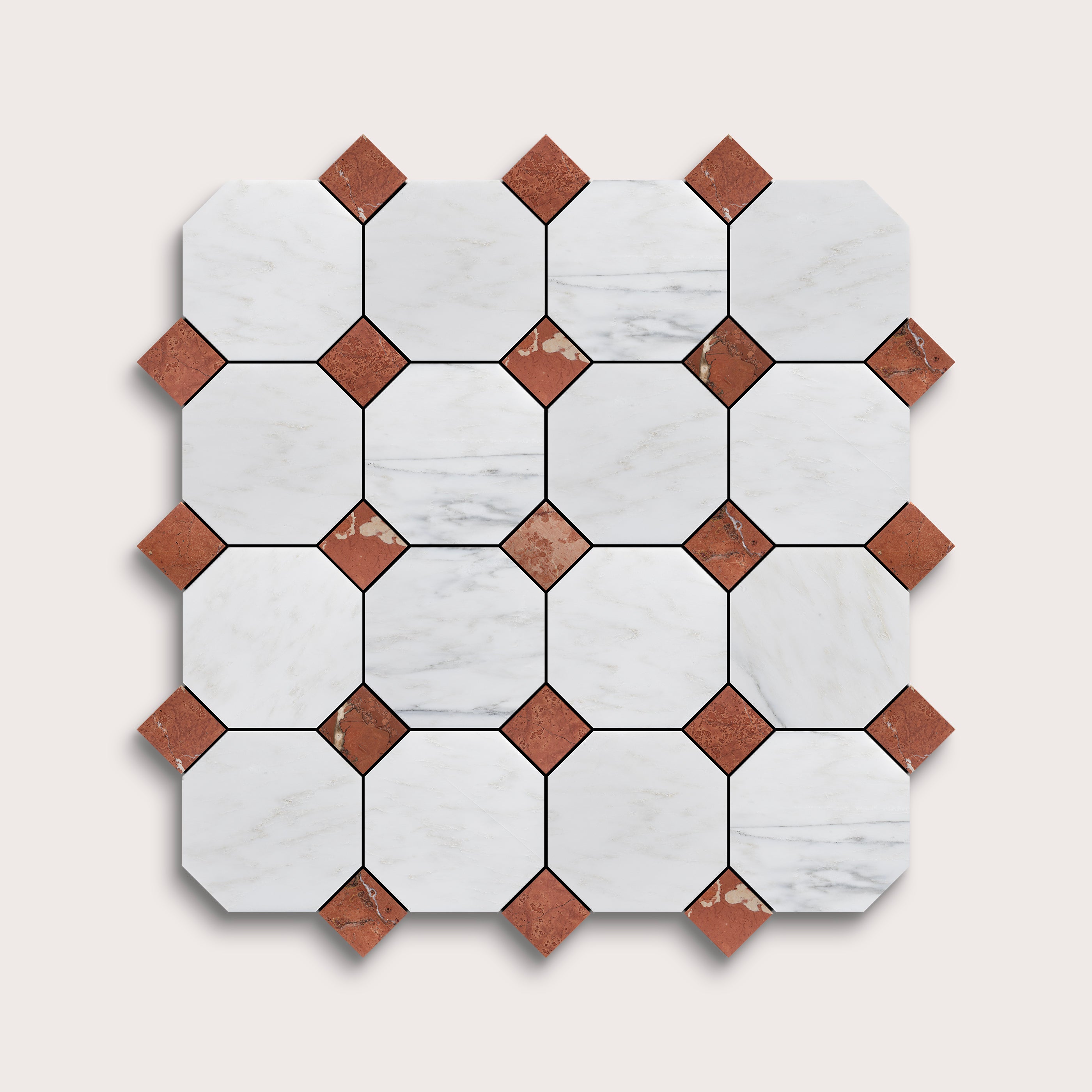 Hexagonal tiles with white and brown marble on a light gray background