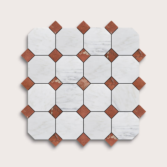 Hexagonal tiles with white and brown marble on a light gray background