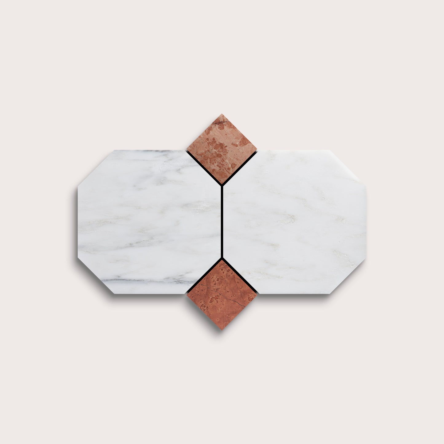 Hexagonal tiles with white and brown marble on a light gray background