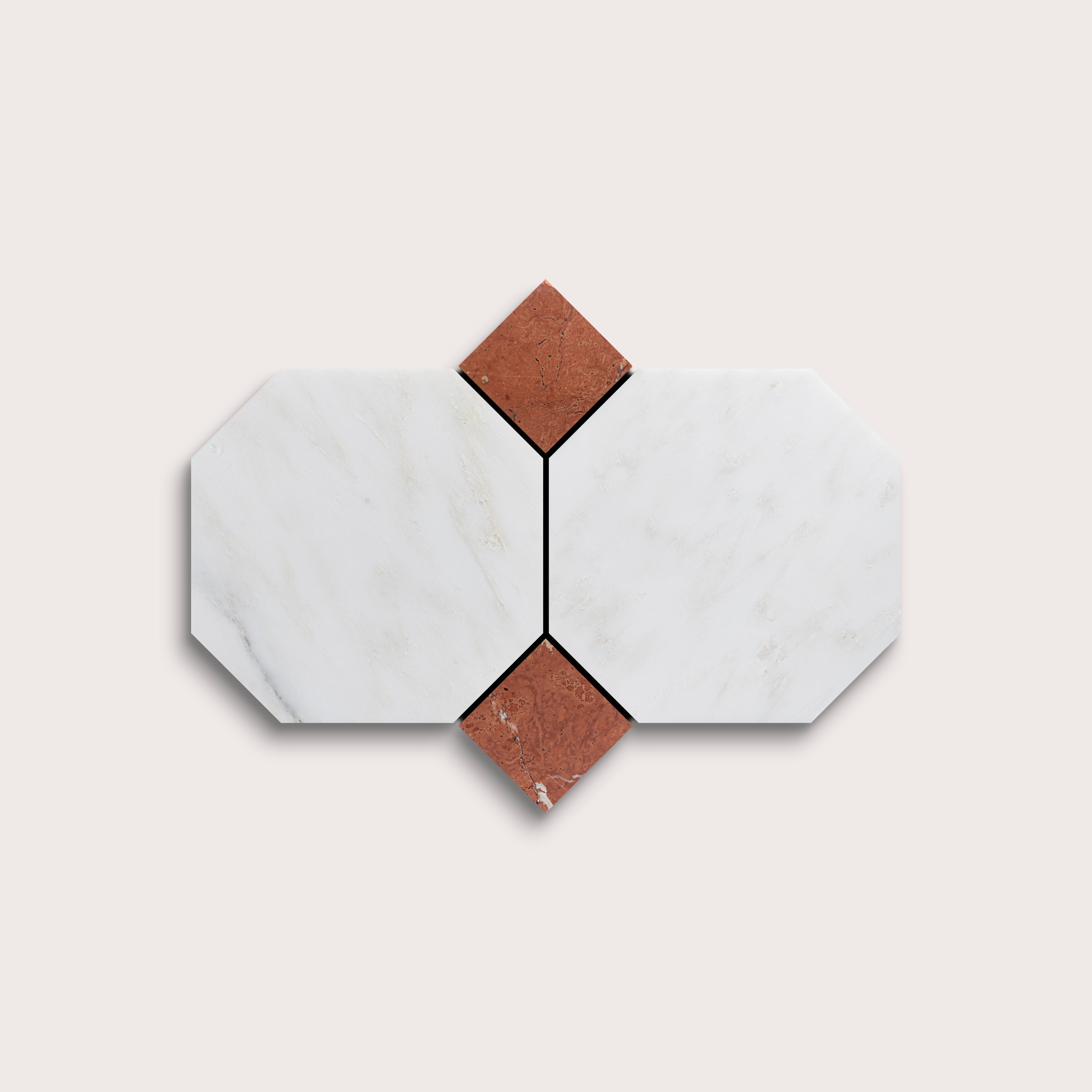 Hexagonal tiles with white and brown marble on a light gray background