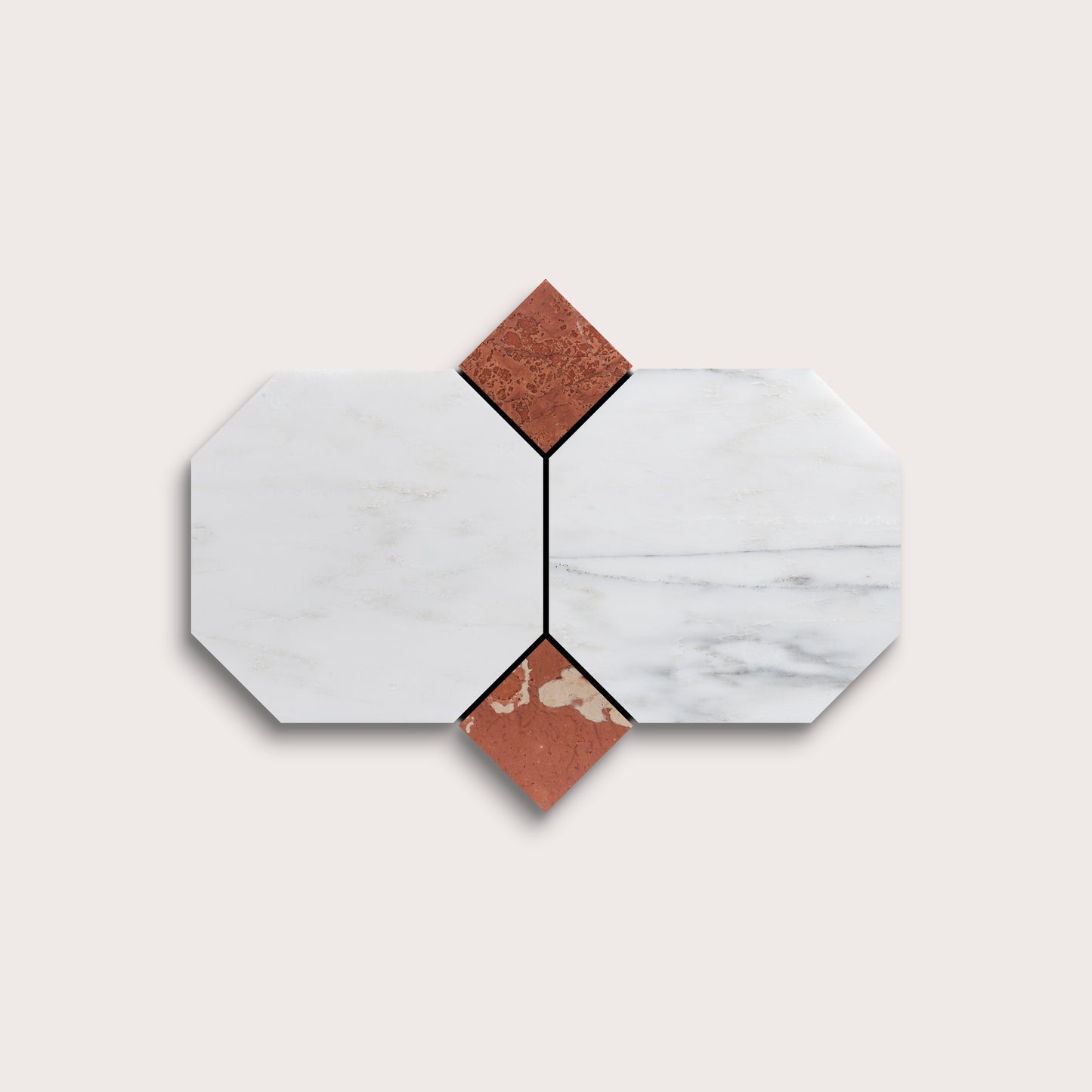 Hexagonal tiles with white and brown marble on a light gray background