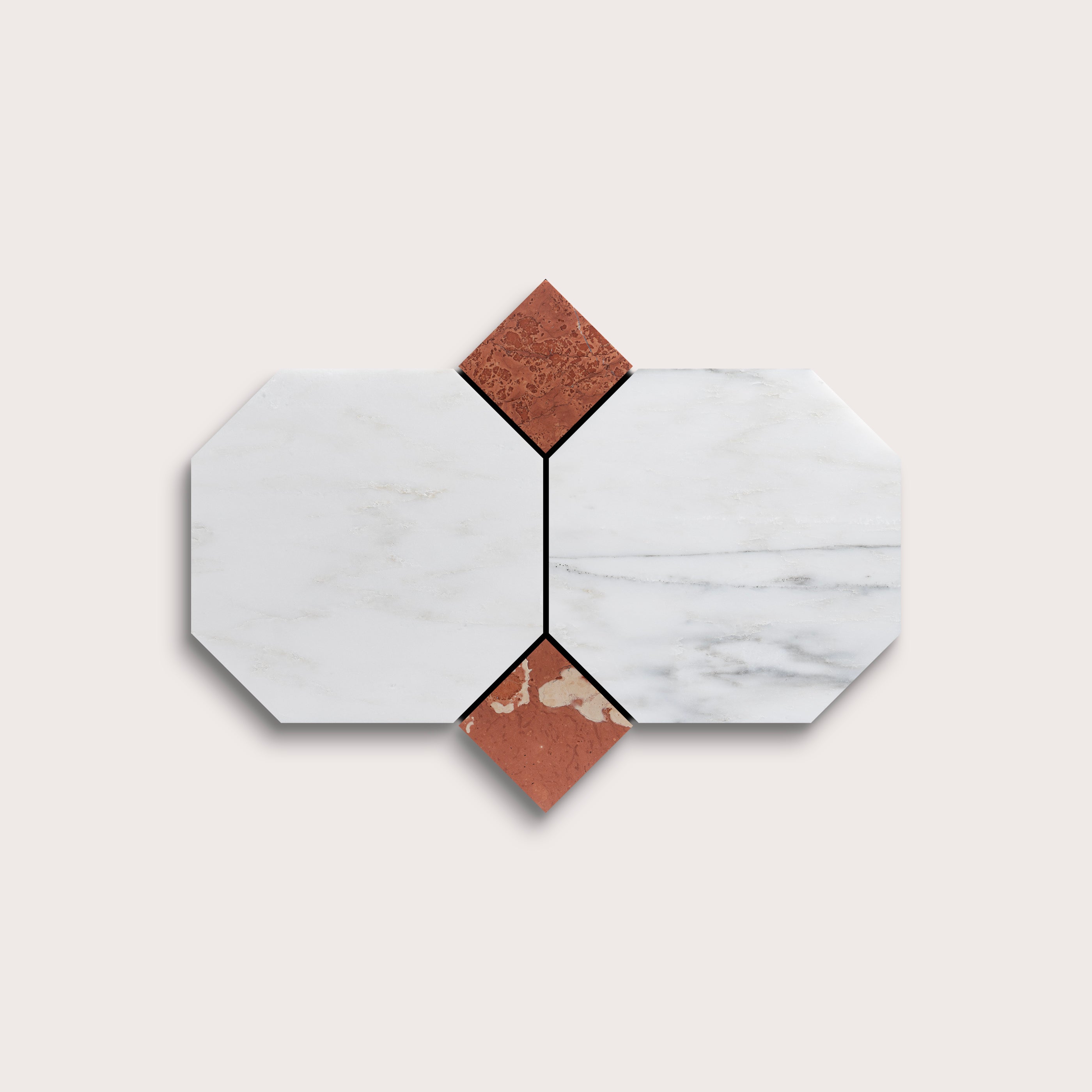 Hexagonal tiles with white and brown marble on a light gray background