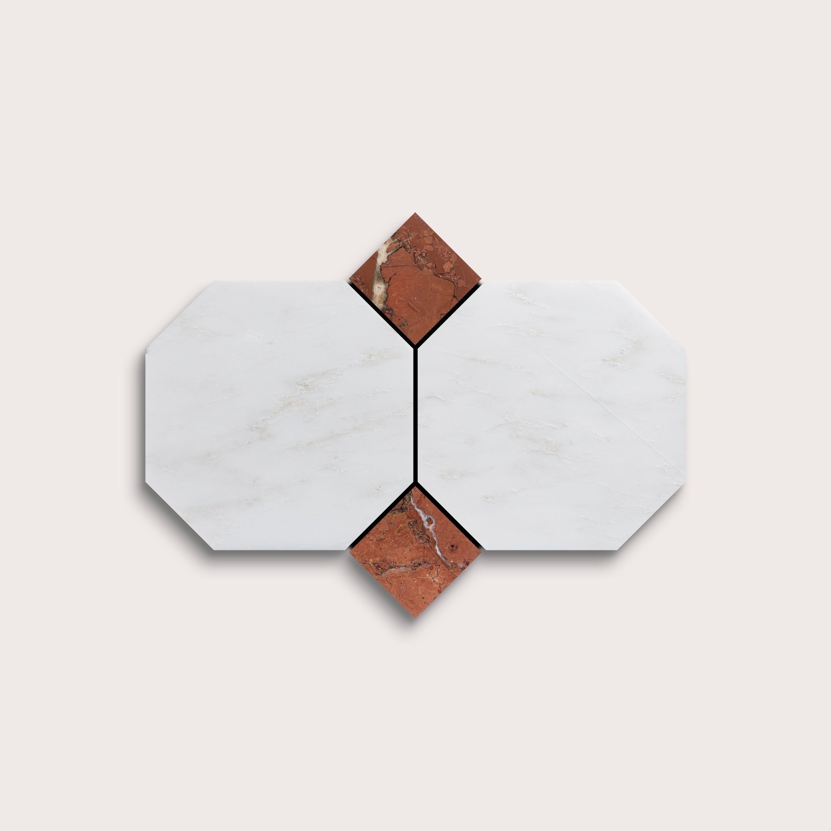 Hexagonal tiles with white and brown marble on a light gray background