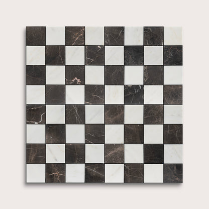 Checkered tile pattern with black and white squares on a white background