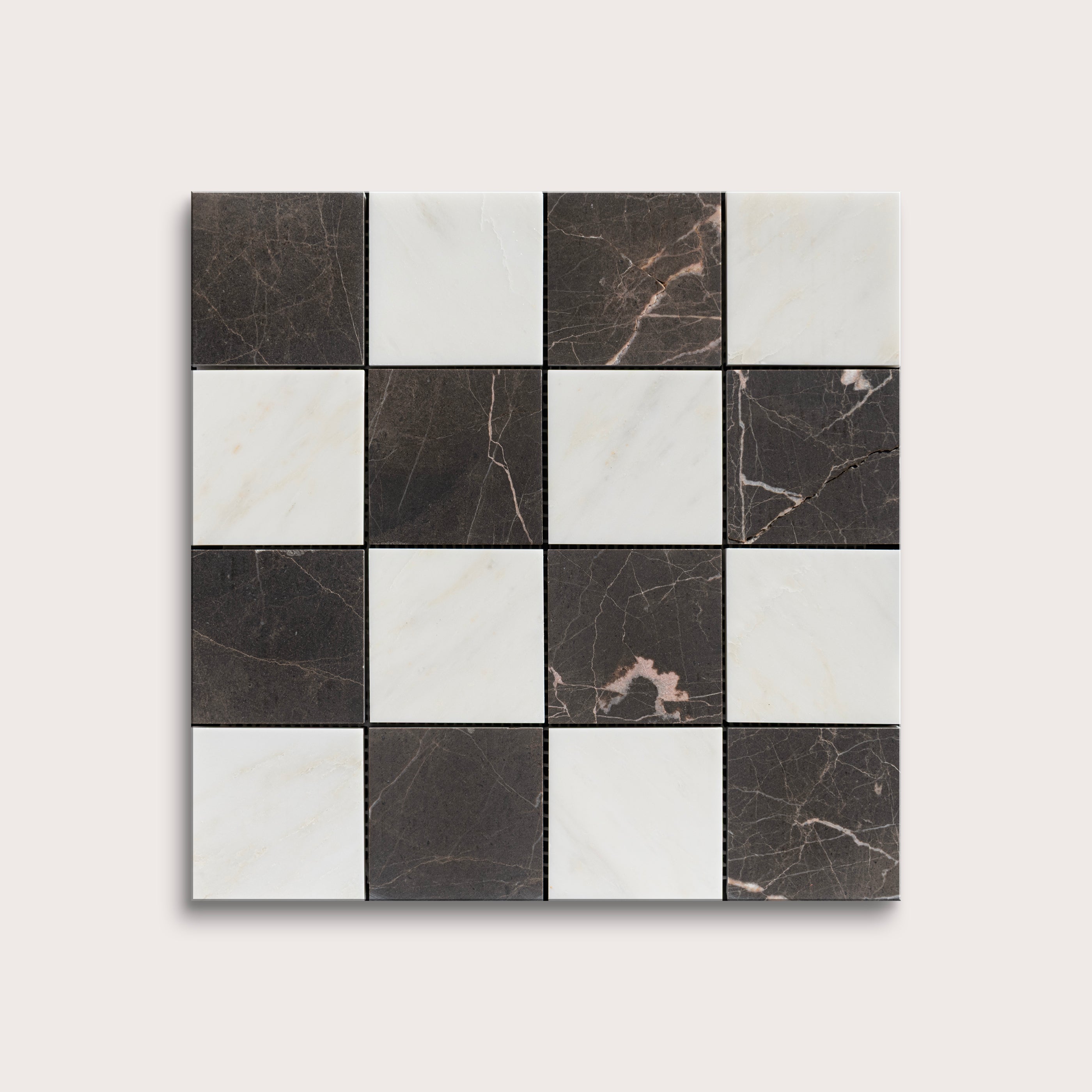 Square tile with a checkered pattern of black, white, and brown marbled tiles on a light gray background.