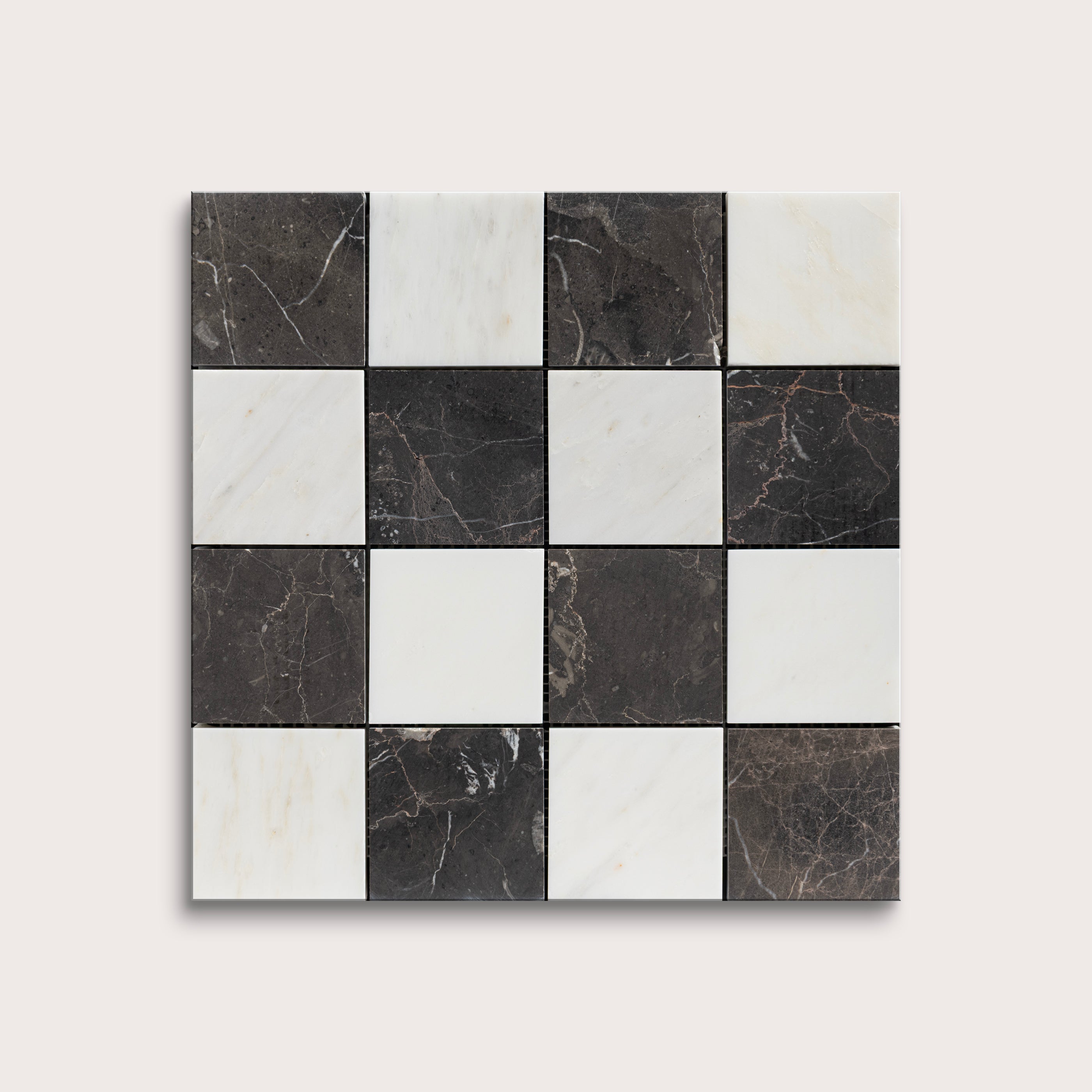 Checkered pattern of black and white tiles on a light gray background