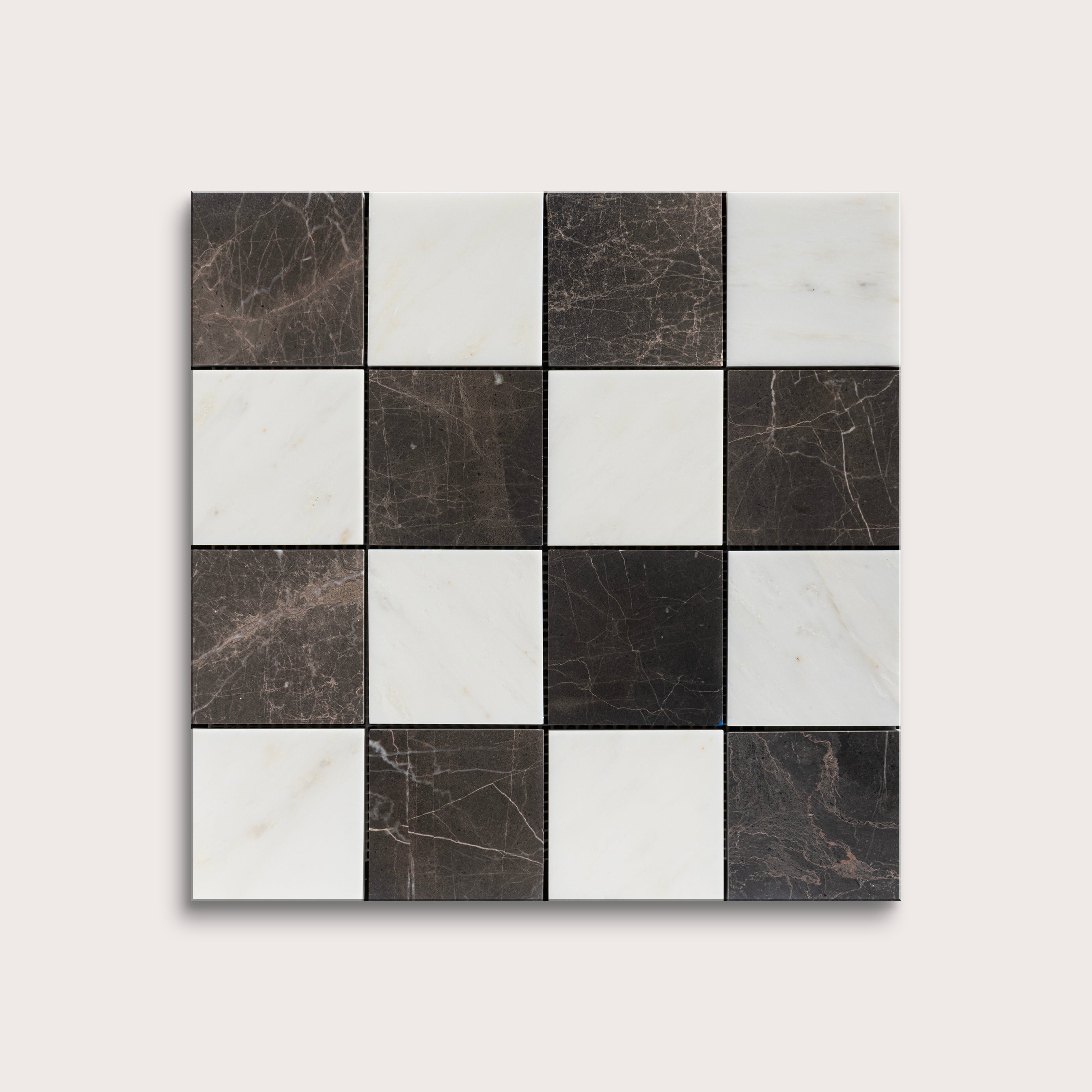 Checkered pattern of black and white tiles on a light gray background