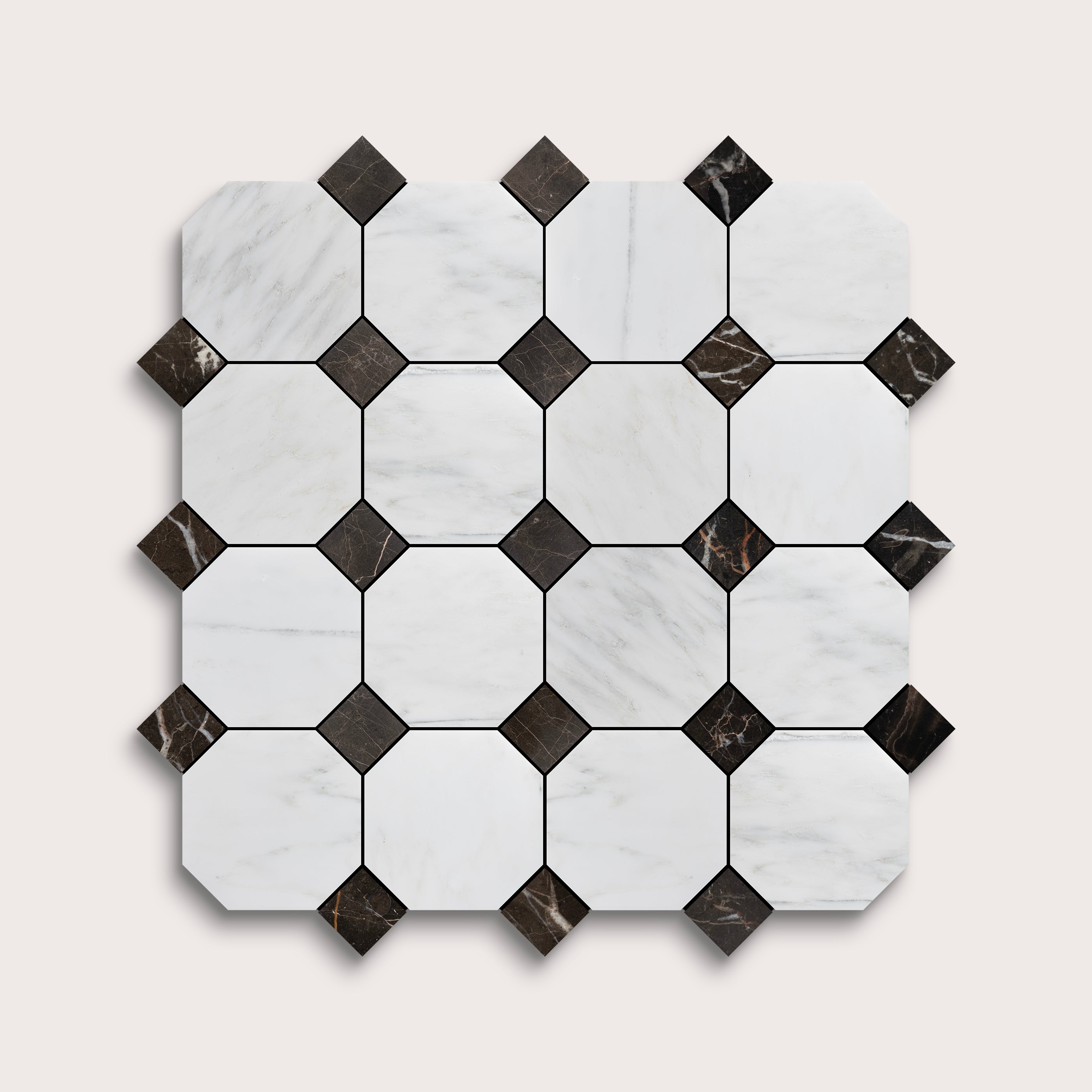 Mosaic tile pattern with black and white design on a light gray background