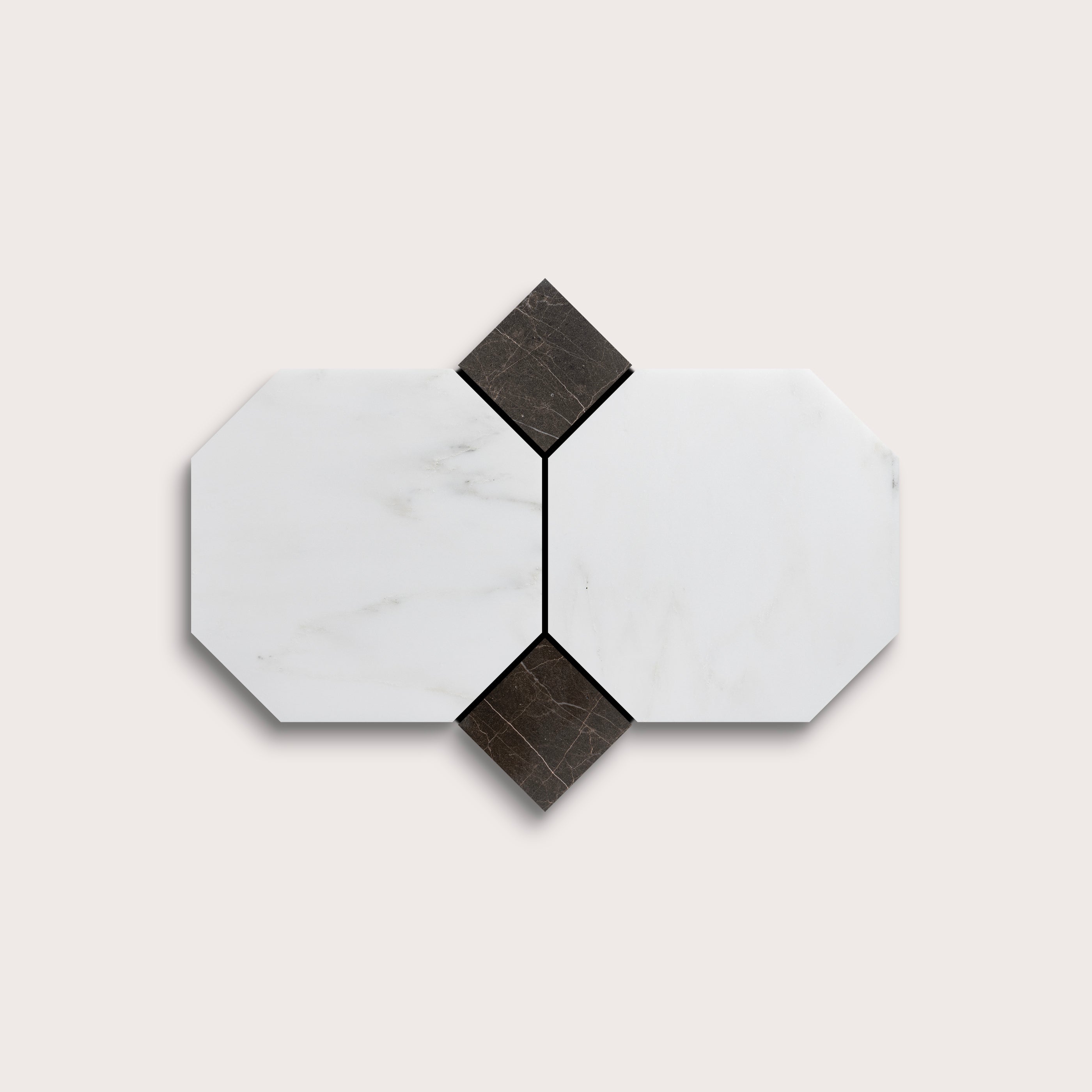 Hexagonal marble tiles with a white and gray pattern on a light gray background