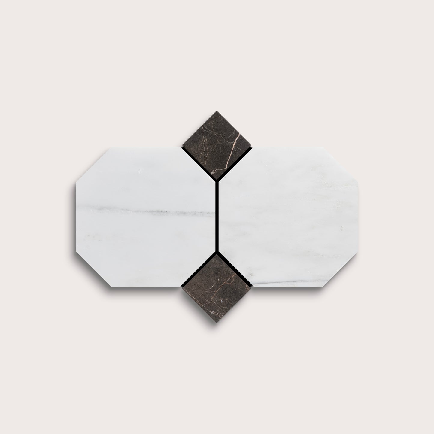 Hexagonal marble tiles with black and white pattern on a light gray background