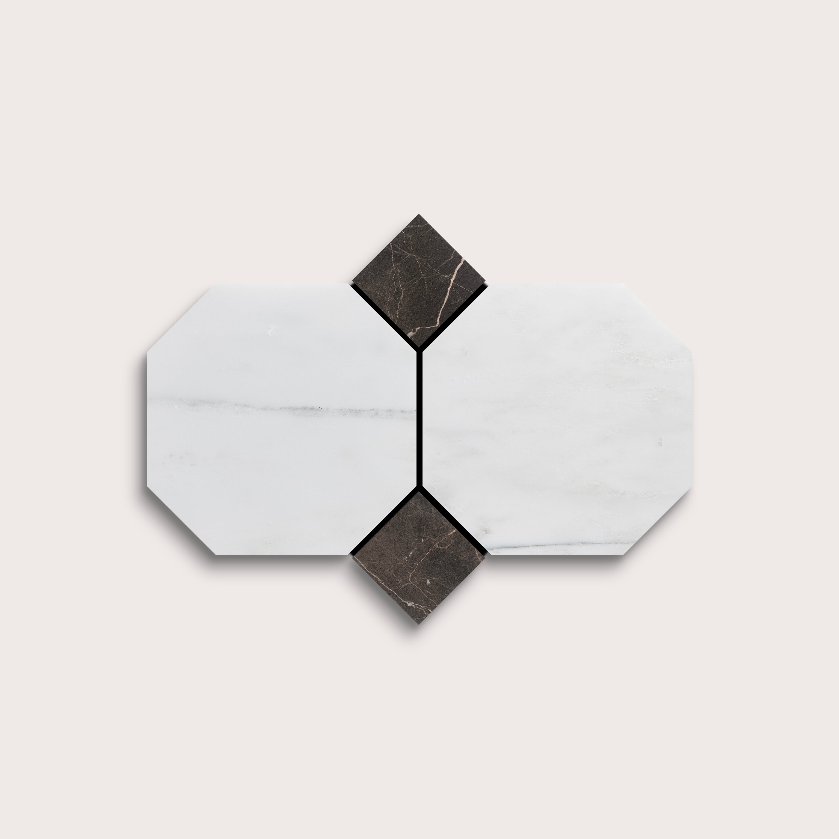 Hexagonal marble tiles with black and white pattern on a light gray background