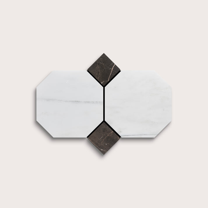 Hexagonal marble tiles with black and white pattern on a light gray background