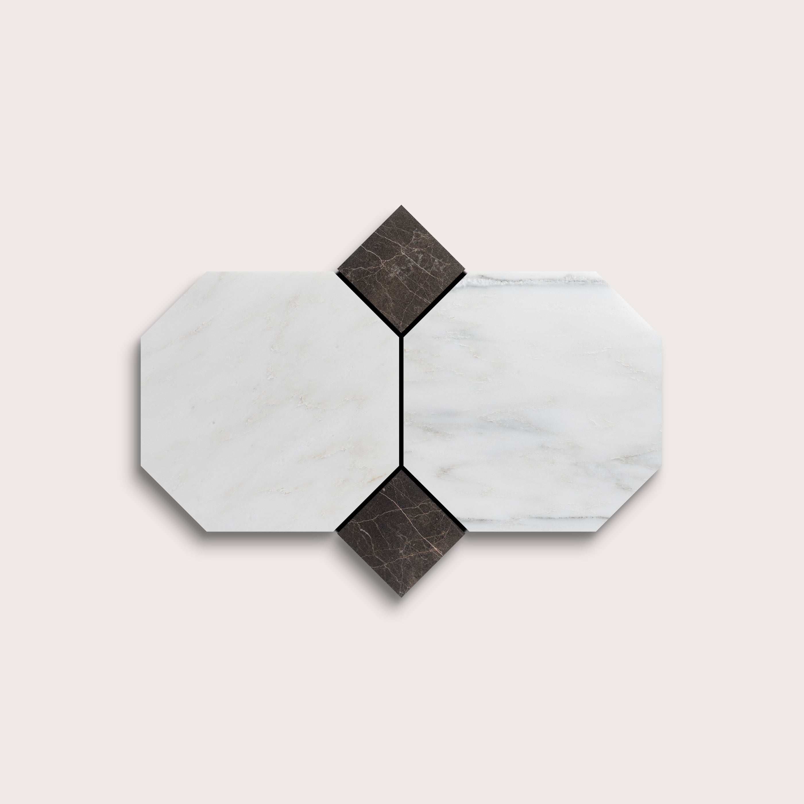 Hexagonal marble tiles with black accents on a light gray background