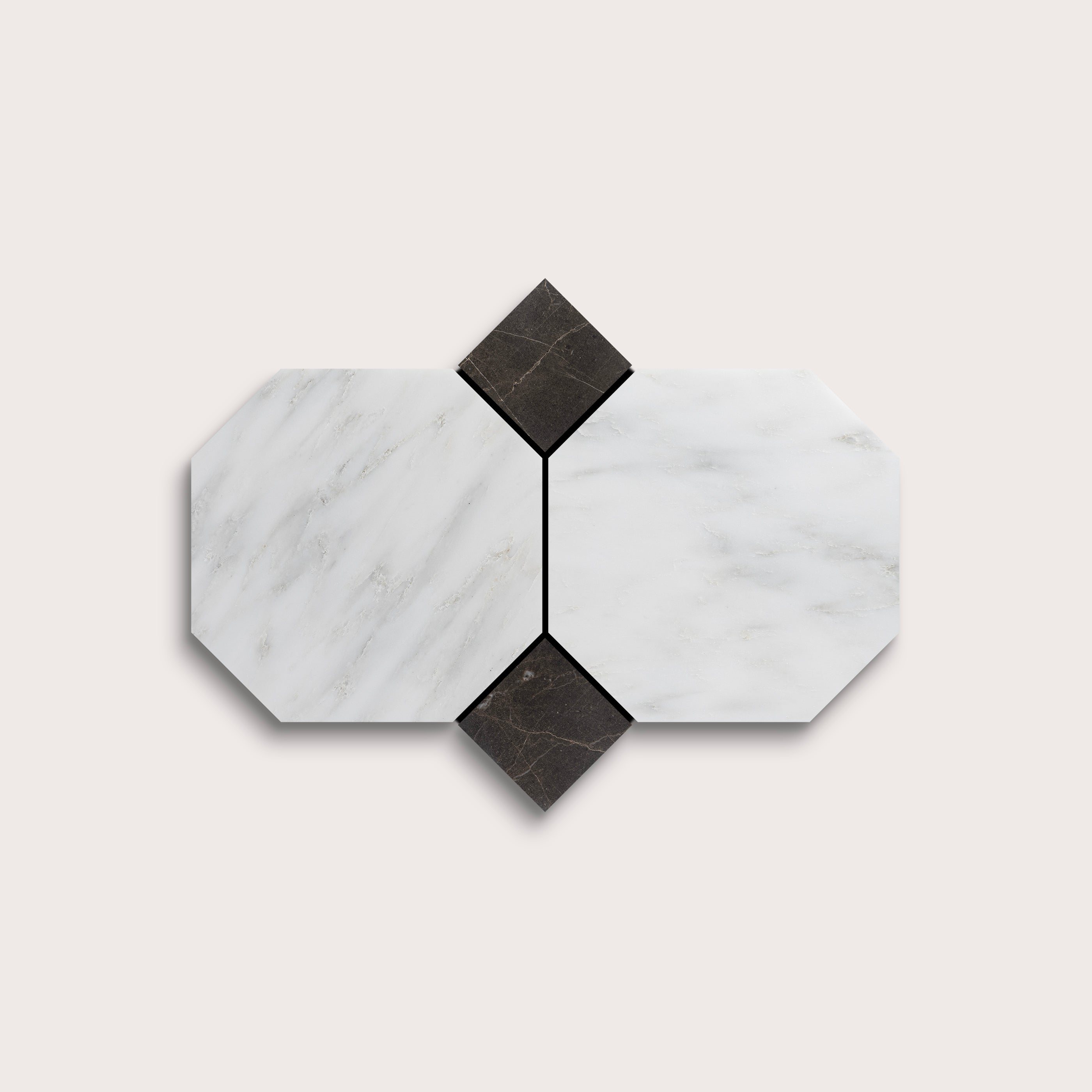 Hexagonal marble tiles with a dark and light pattern on a white background