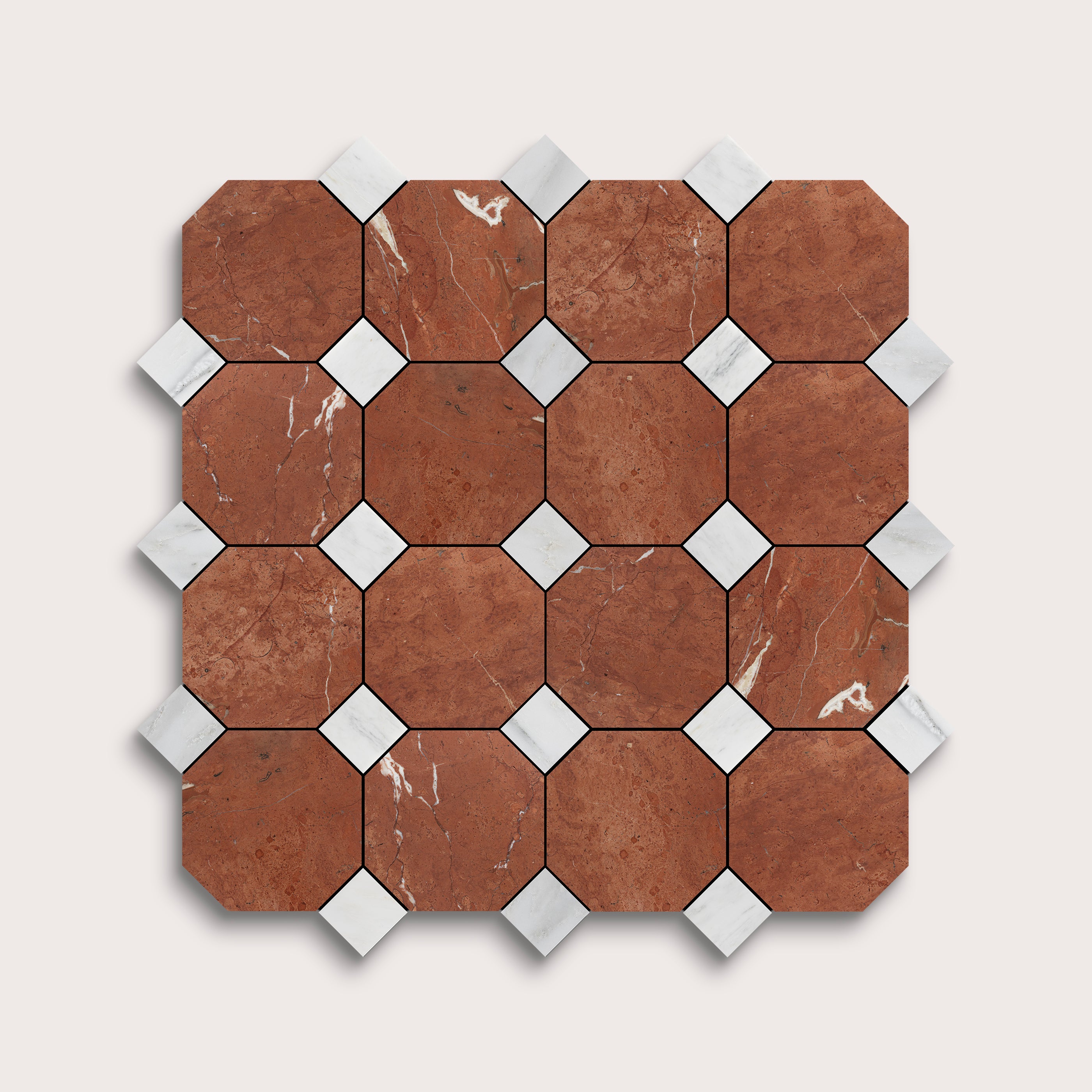 Hexagonal tiles with a brown and white marble on a light gray background