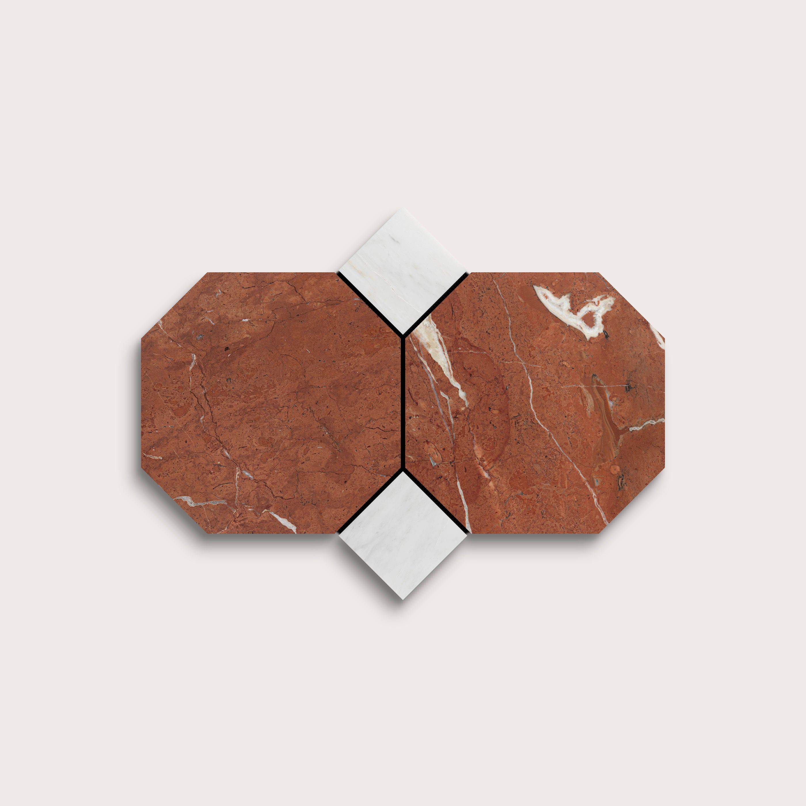 Hexagonal tiles with a brown and white marble on a light gray background