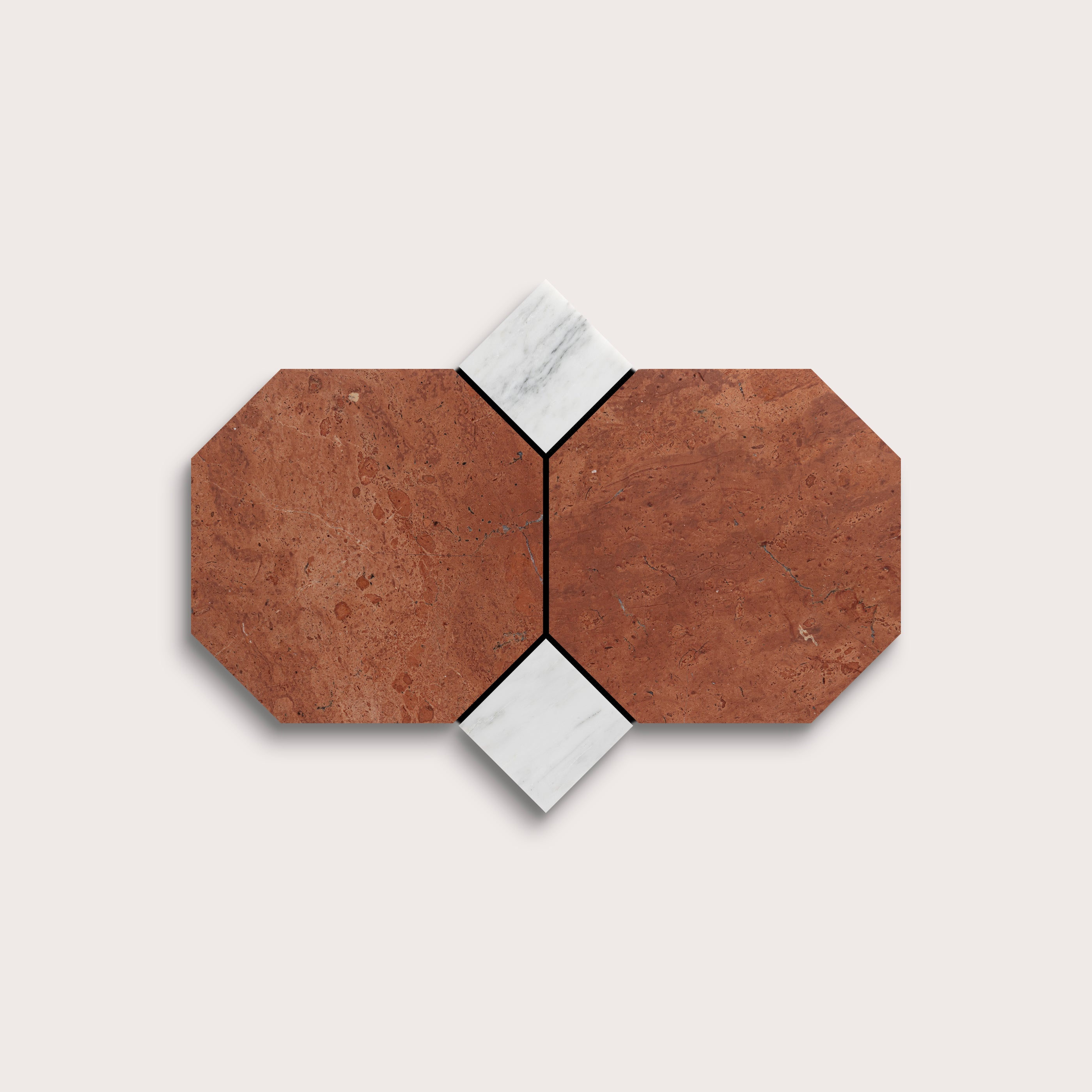 Hexagonal tiles with a brown and white marble on a light gray background