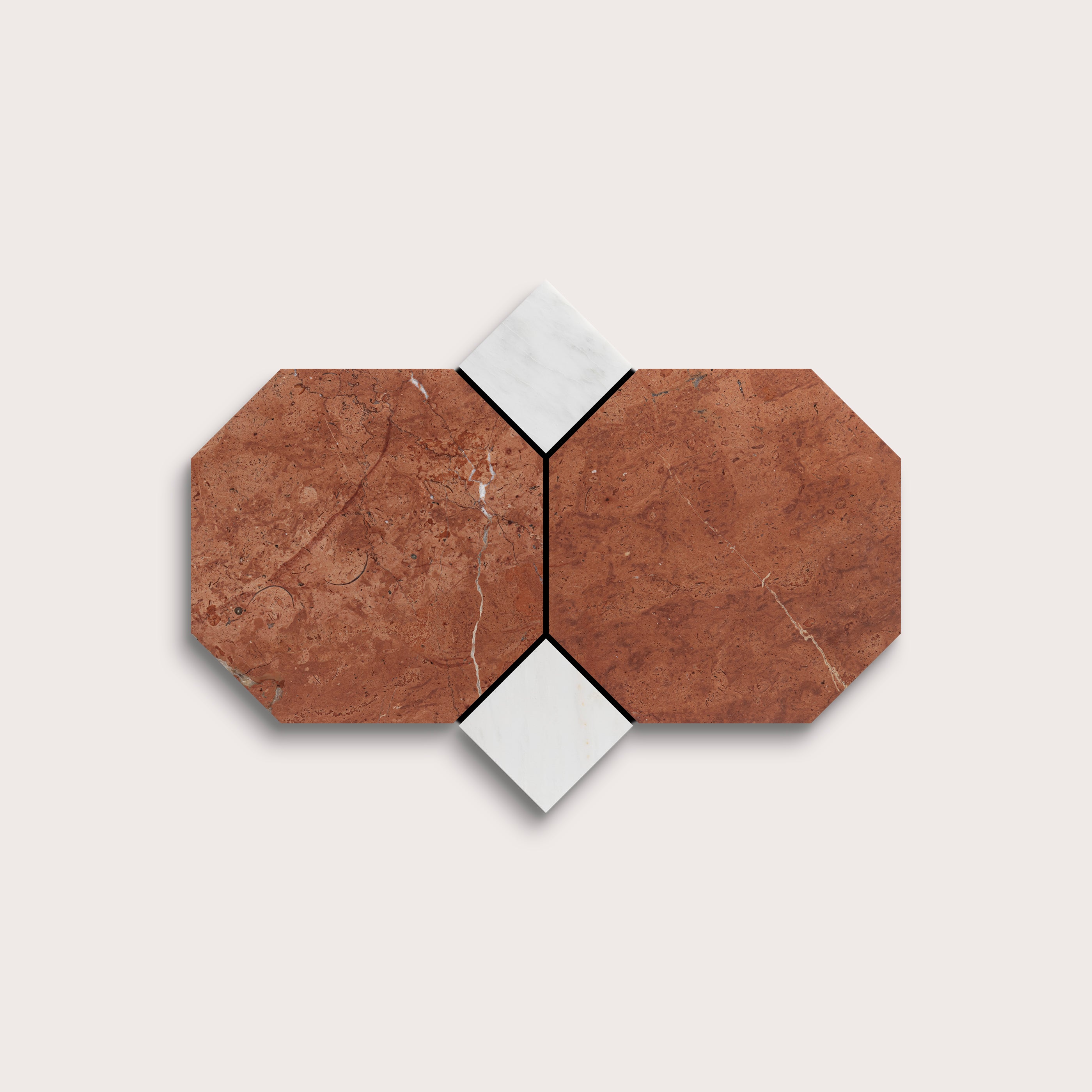 Hexagonal tiles with a brown and white marble on a light gray background