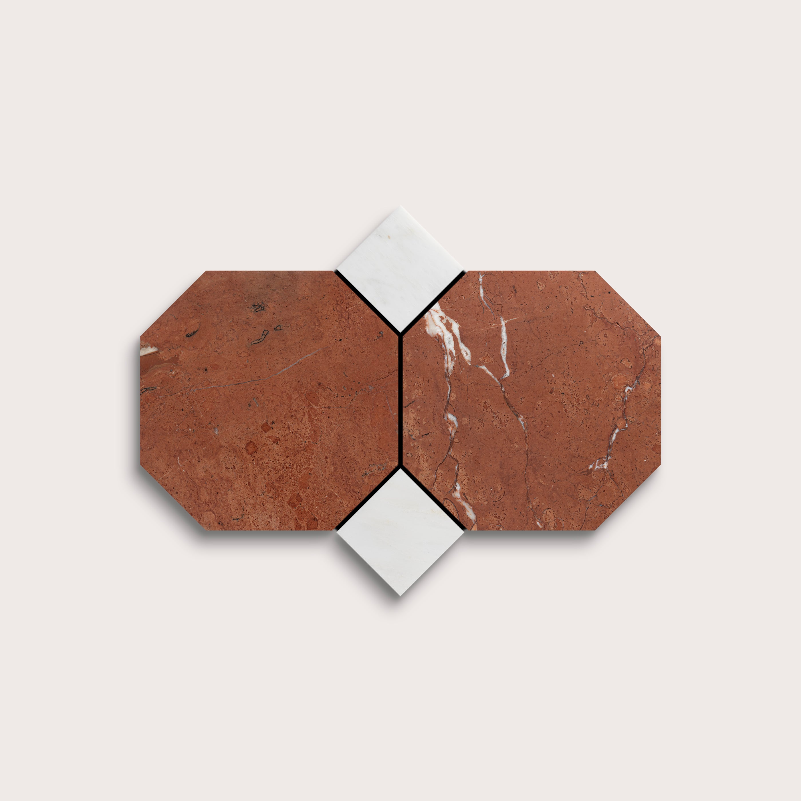 Hexagonal tiles with a brown and white marble on a light gray background