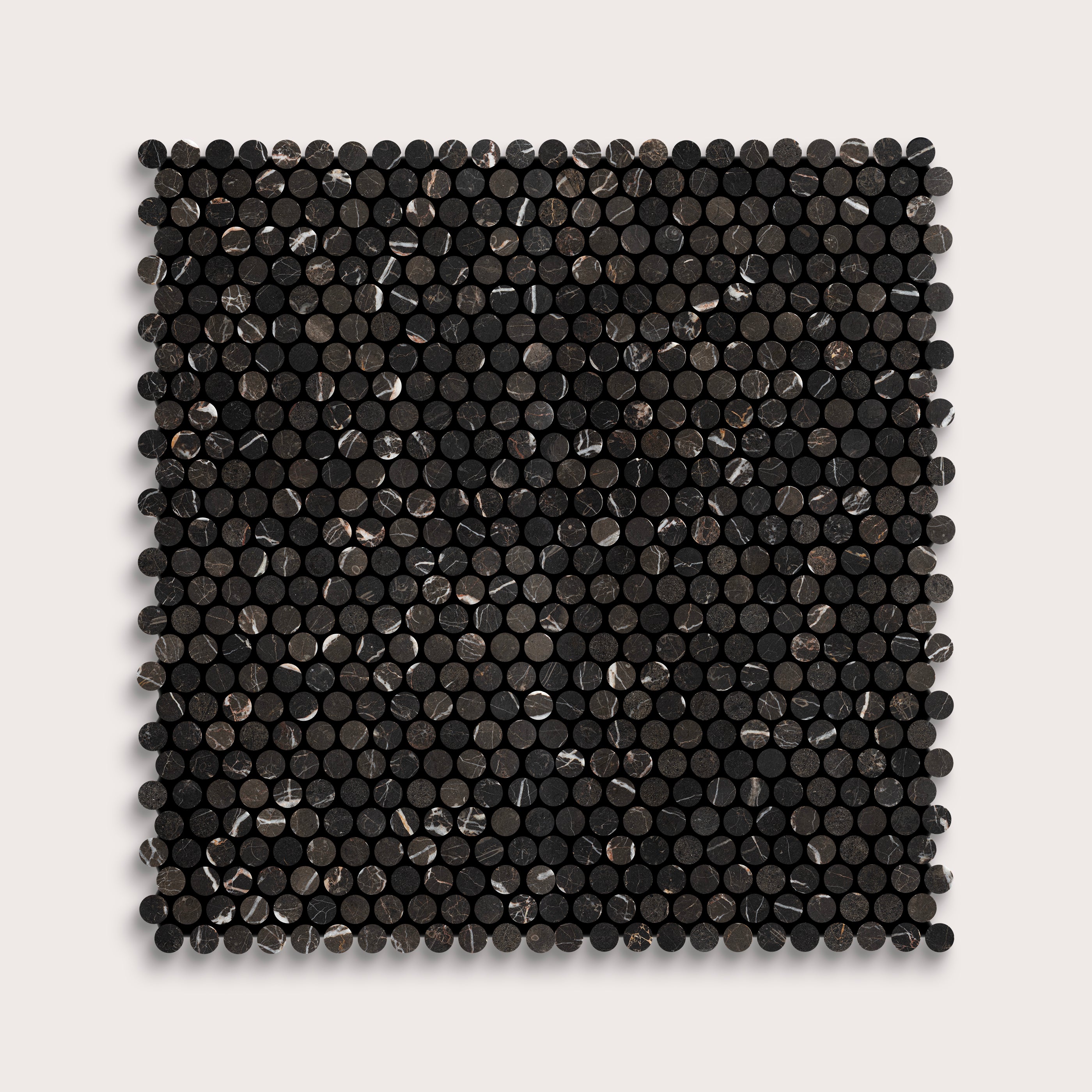 Square marble tile with black circular pattern on a light gray background