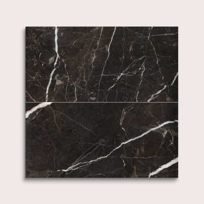 Two brown marble tiles with white veins on a light gray background
