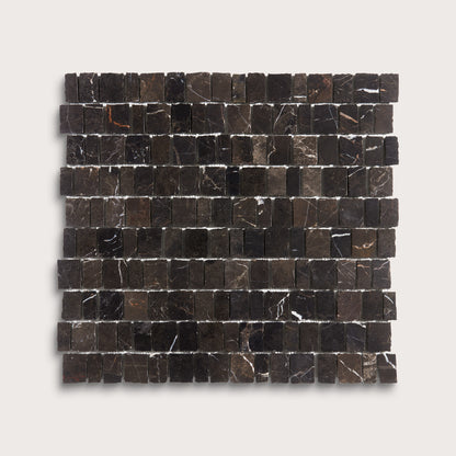 A square sample of dark marble mosaic tiles with natural white and brown veining, arranged in a grid pattern against a light gray background.