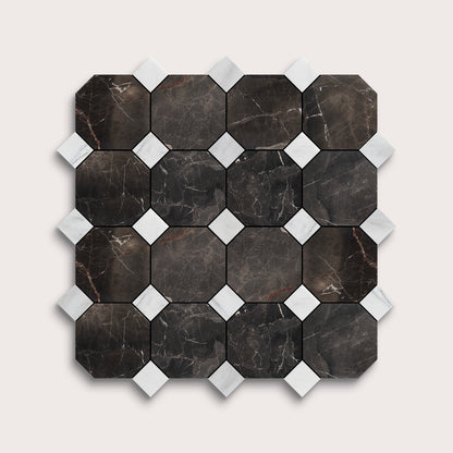 Hexagonal marble mosaic tile pattern on a light gray background