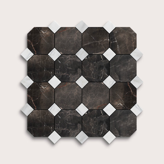 Hexagonal marble mosaic tile pattern on a light gray background